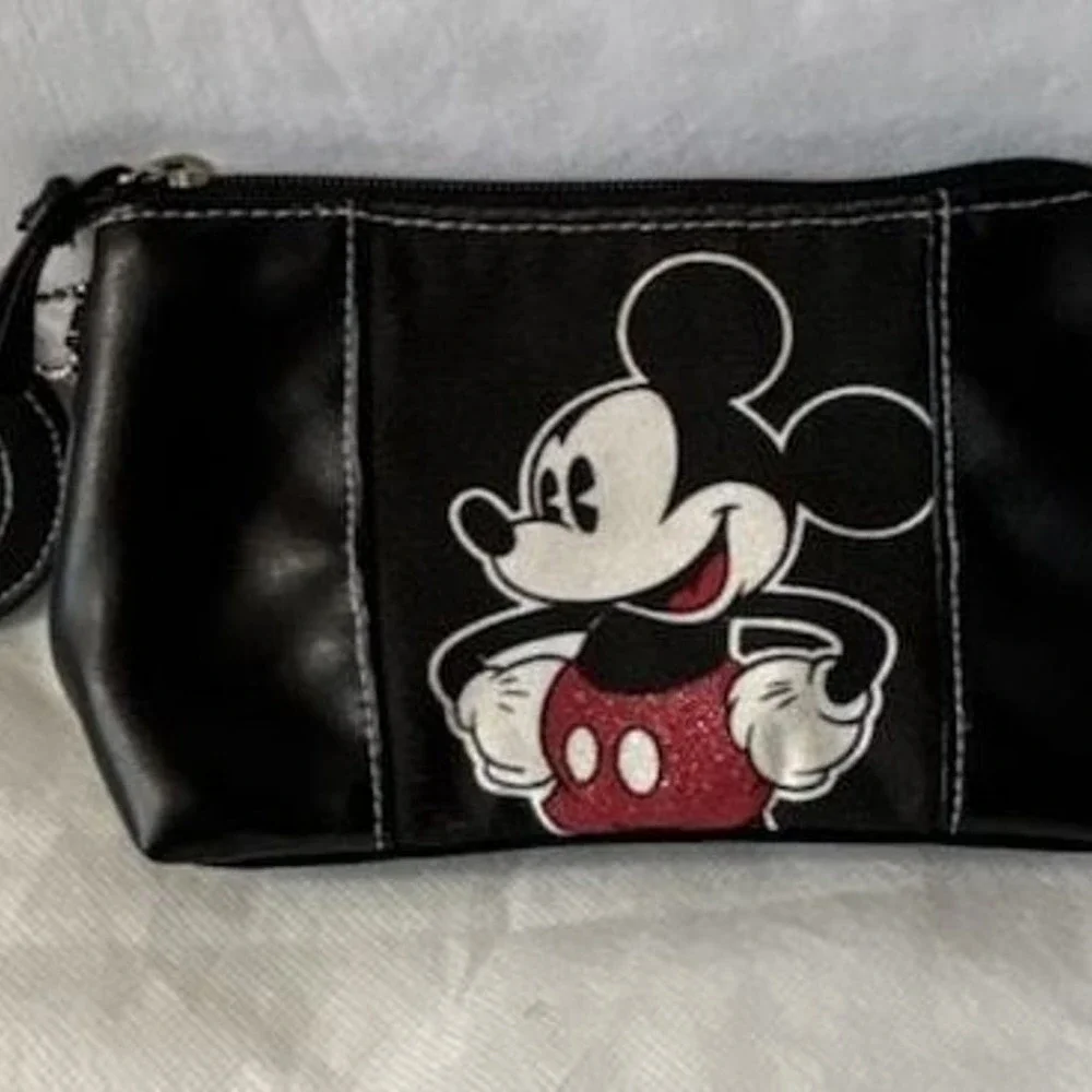 Disney Mickey Mouse Black Faux Leather Cosmetic Pouch with Mirror Charm